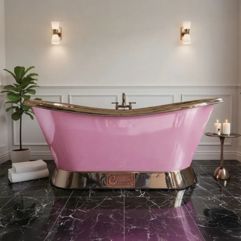 Coppersmith Creations Slanting Base Copper Bathtub Nickel Inside & on Base RAL 4003 Exterior in RAL 4003