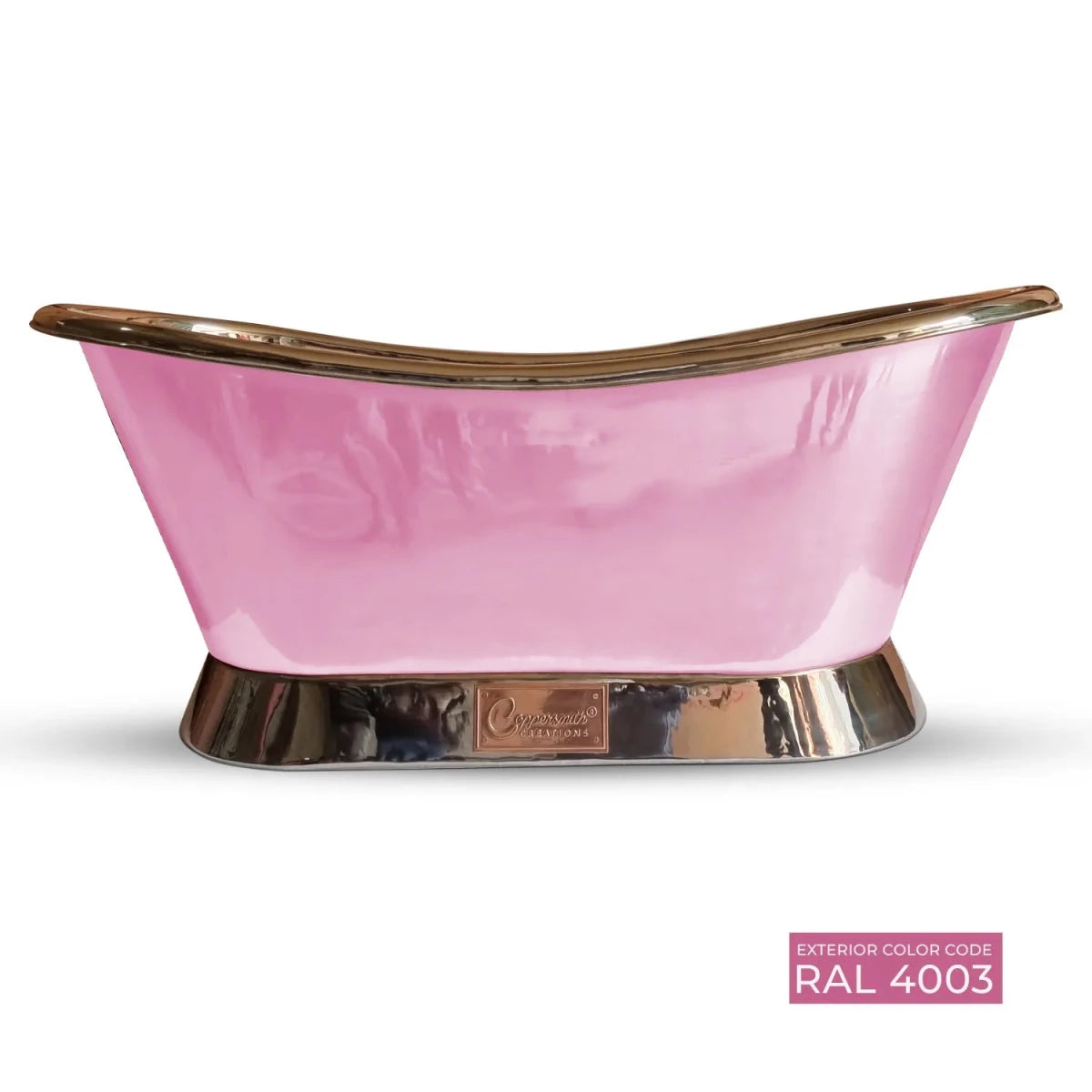 Coppersmith Creations Slanting Base Copper Bathtub Nickel Inside & on Base RAL 4003 Exterior in RAL 4003