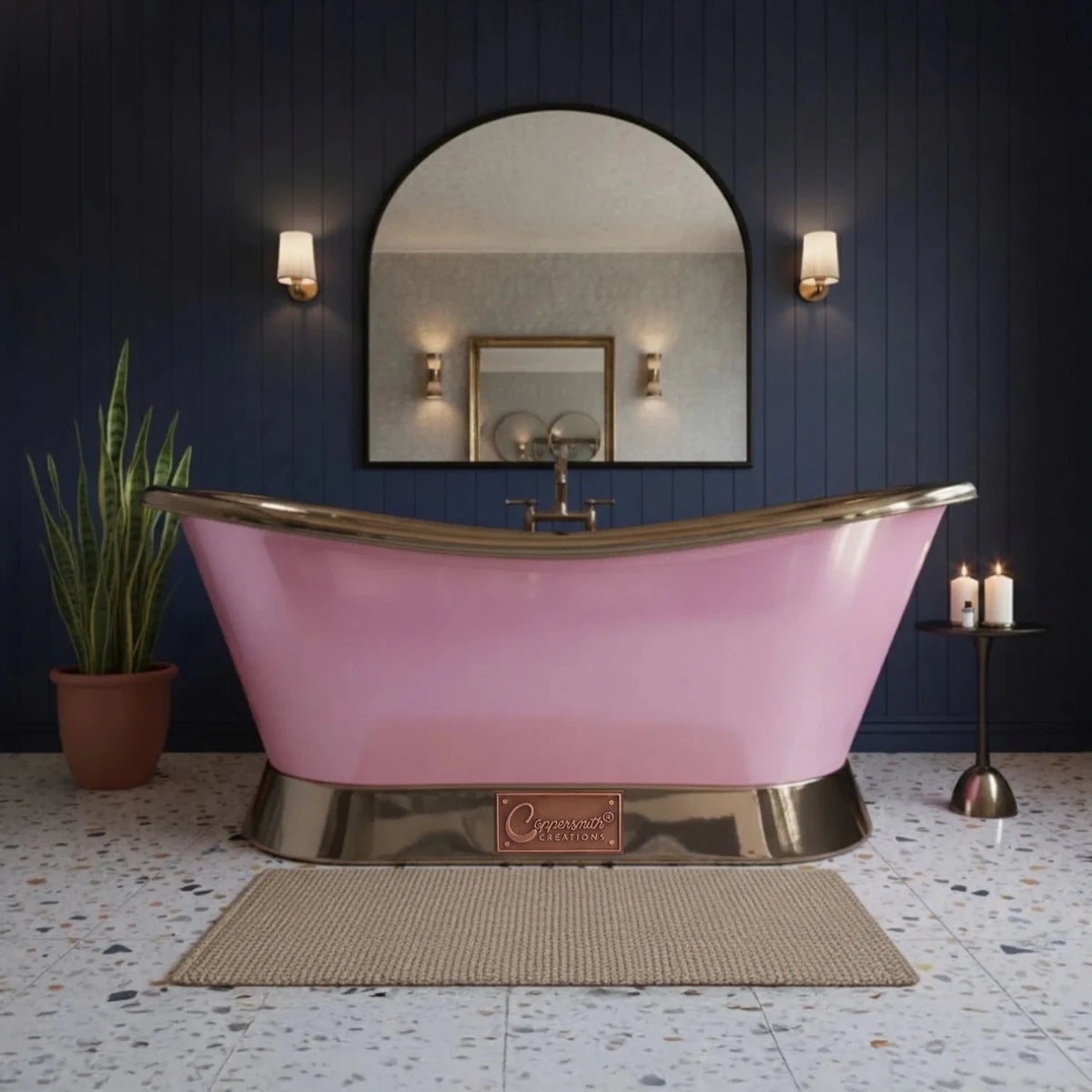 Coppersmith Creations Slanting Base Copper Bathtub Nickel Inside & on Base RAL 4003 Exterior in RAL 4003