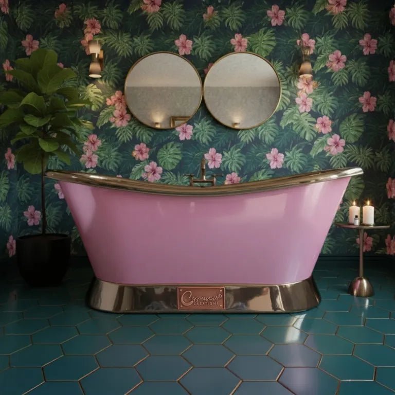 Coppersmith Creations Slanting Base Copper Bathtub Nickel Inside & on Base RAL 4003 Exterior in RAL 4003