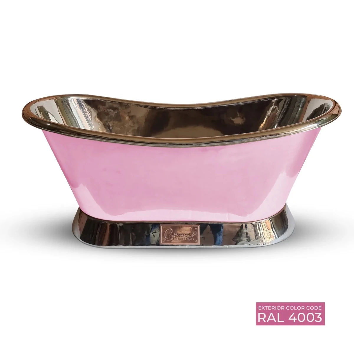 Coppersmith Creations Slanting Base Copper Bathtub Nickel Inside & on Base RAL 4003 Exterior in RAL 4003