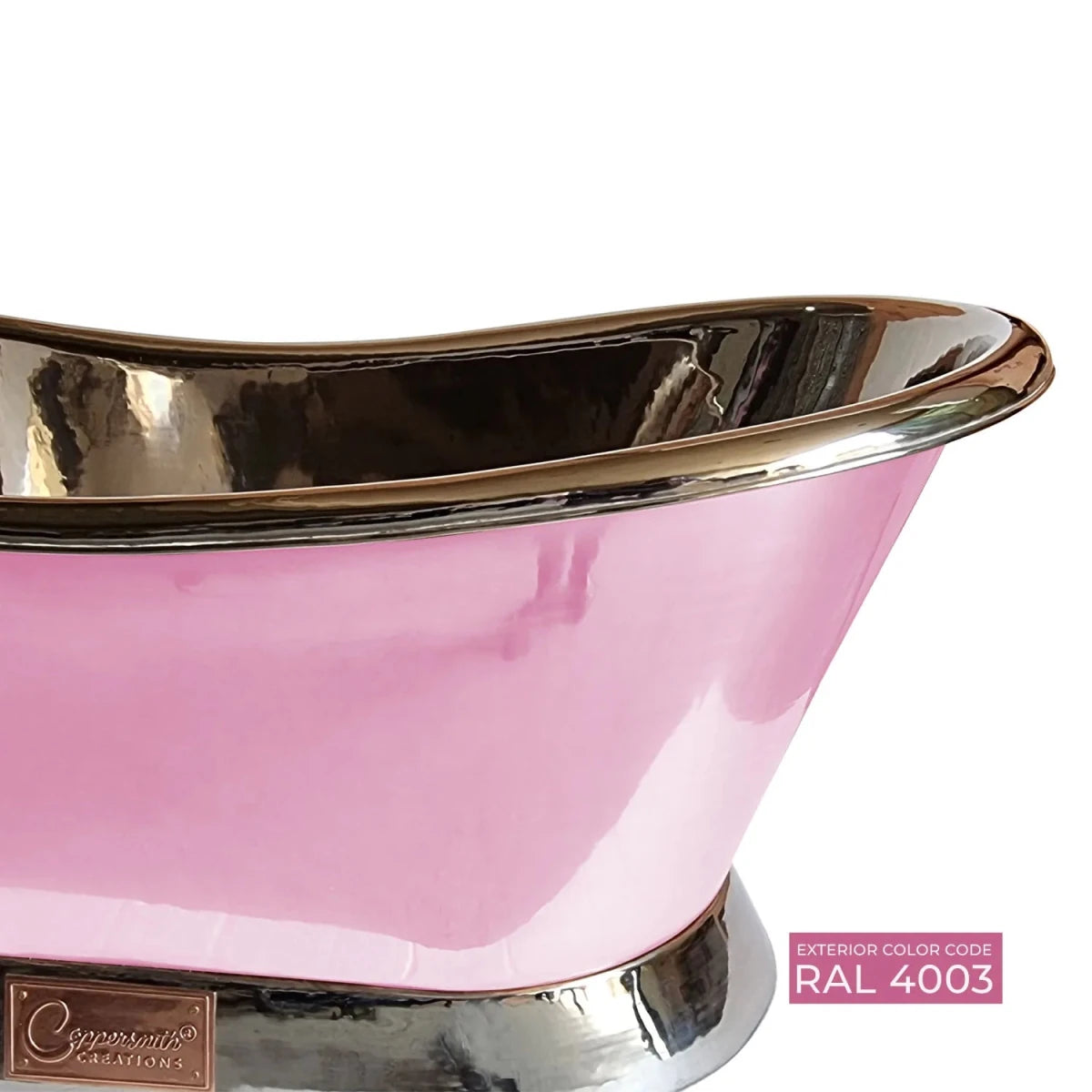 Coppersmith Creations Slanting Base Copper Bathtub Nickel Inside & on Base RAL 4003 Exterior in RAL 4003
