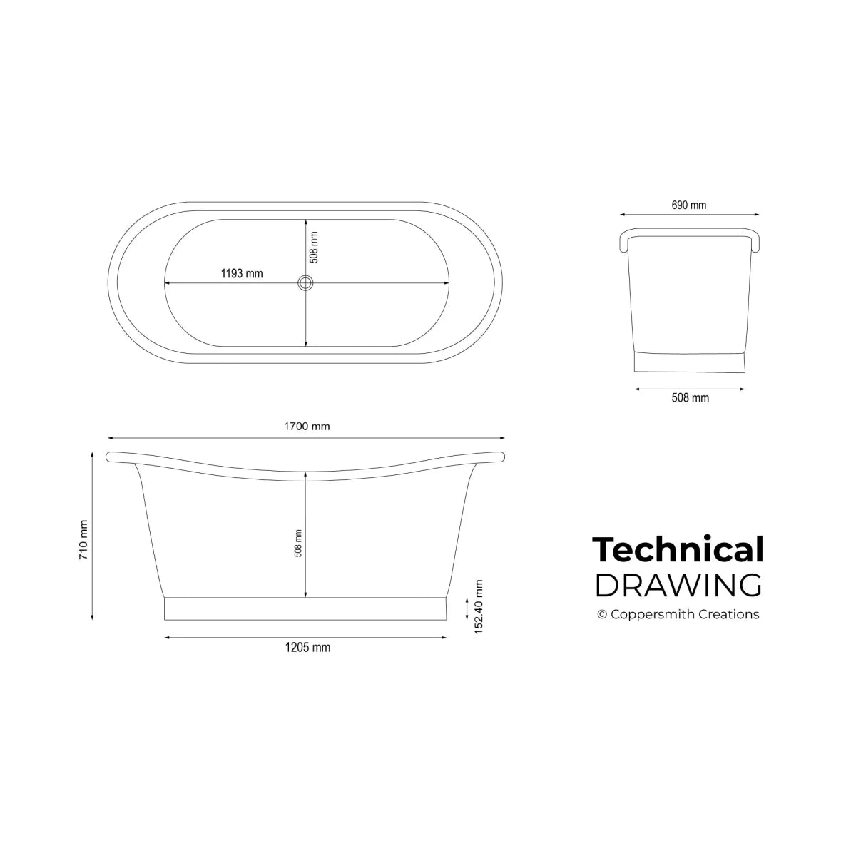 Coppersmith Creations Straight Base Brass Bathtub Black Outside in Black
