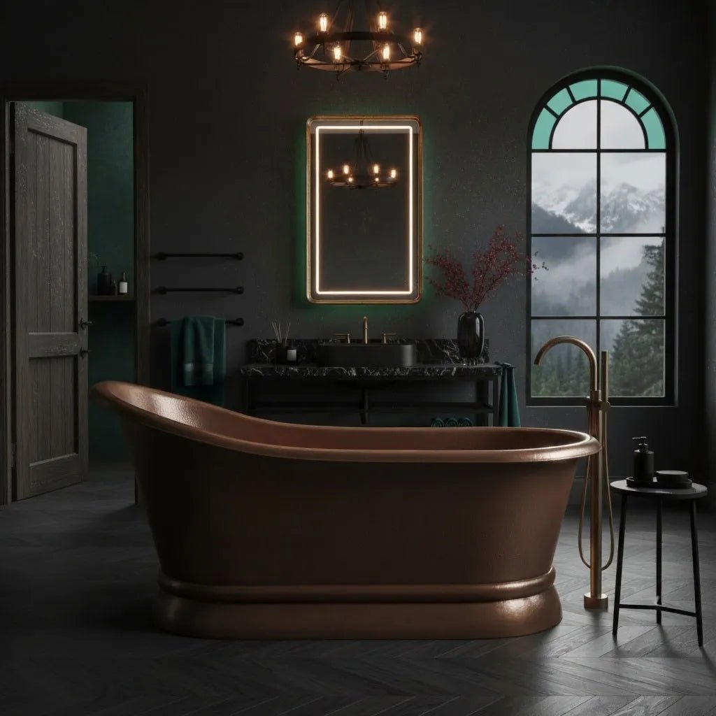Coppersmith Hammered Copper Single Slipper Tub with Smooth Round Pedestal Base in Hammered Copper