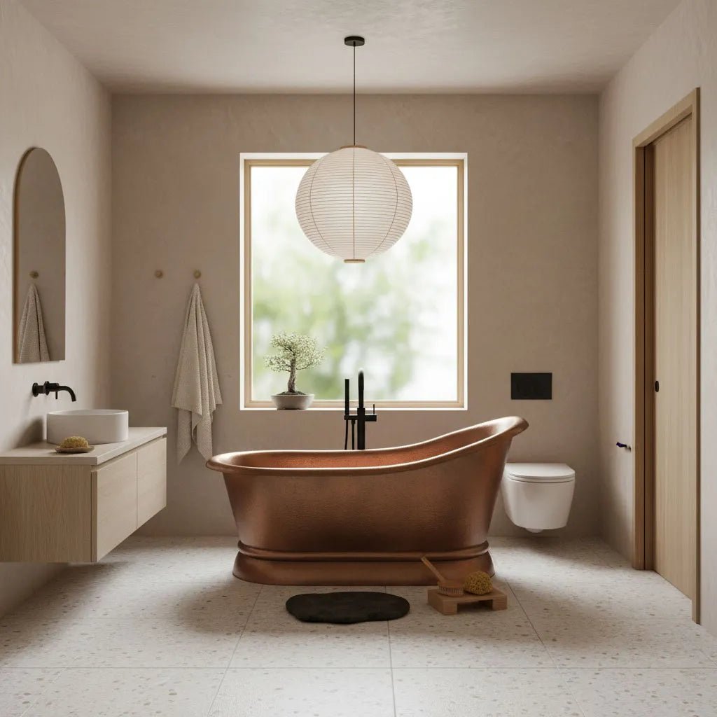Coppersmith Hammered Copper Single Slipper Tub with Smooth Round Pedestal Base in Hammered Copper