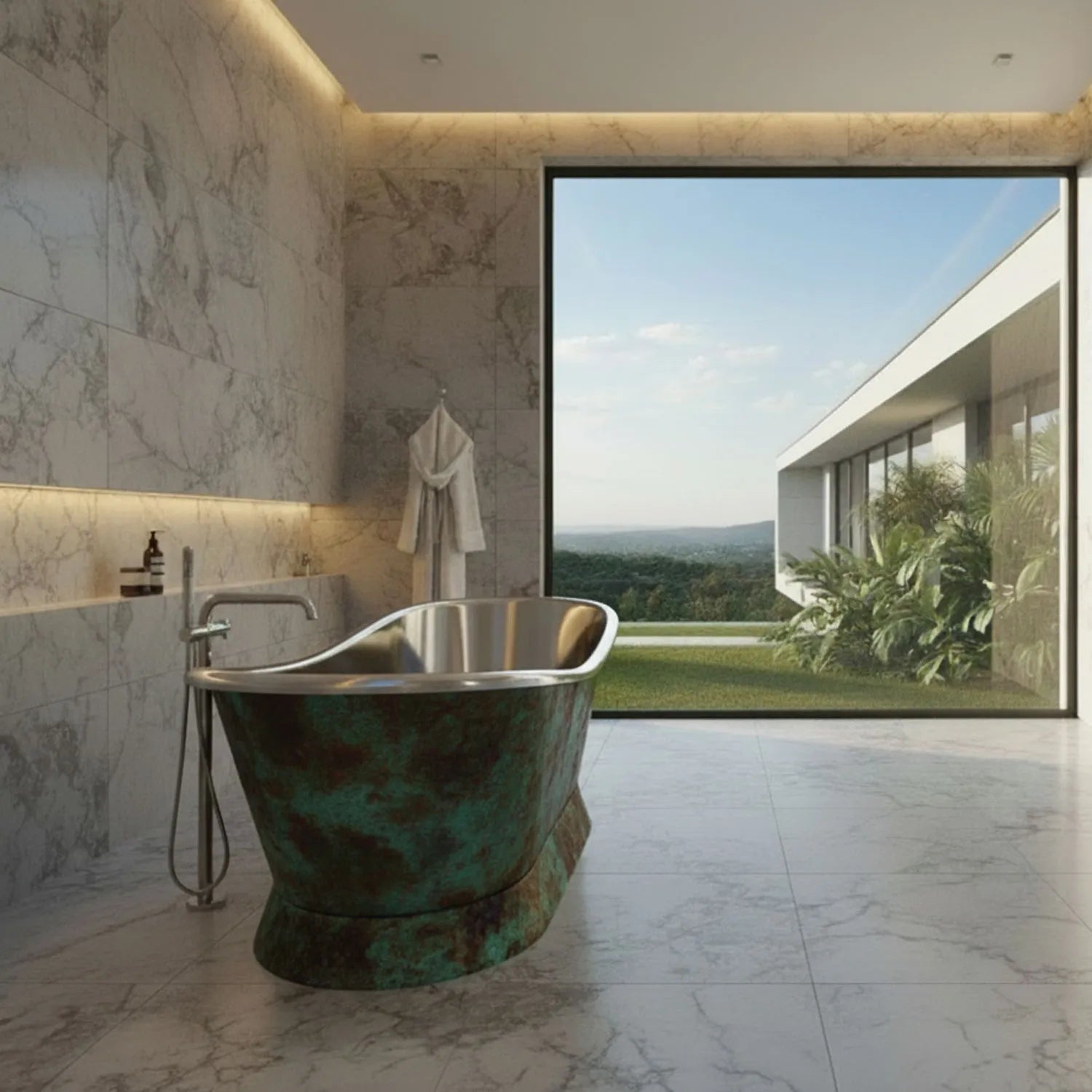 Coppersmith Slanting Base Stainless Steel Bathtub Weathered Patina Exterior in L1680 x W725 x H715