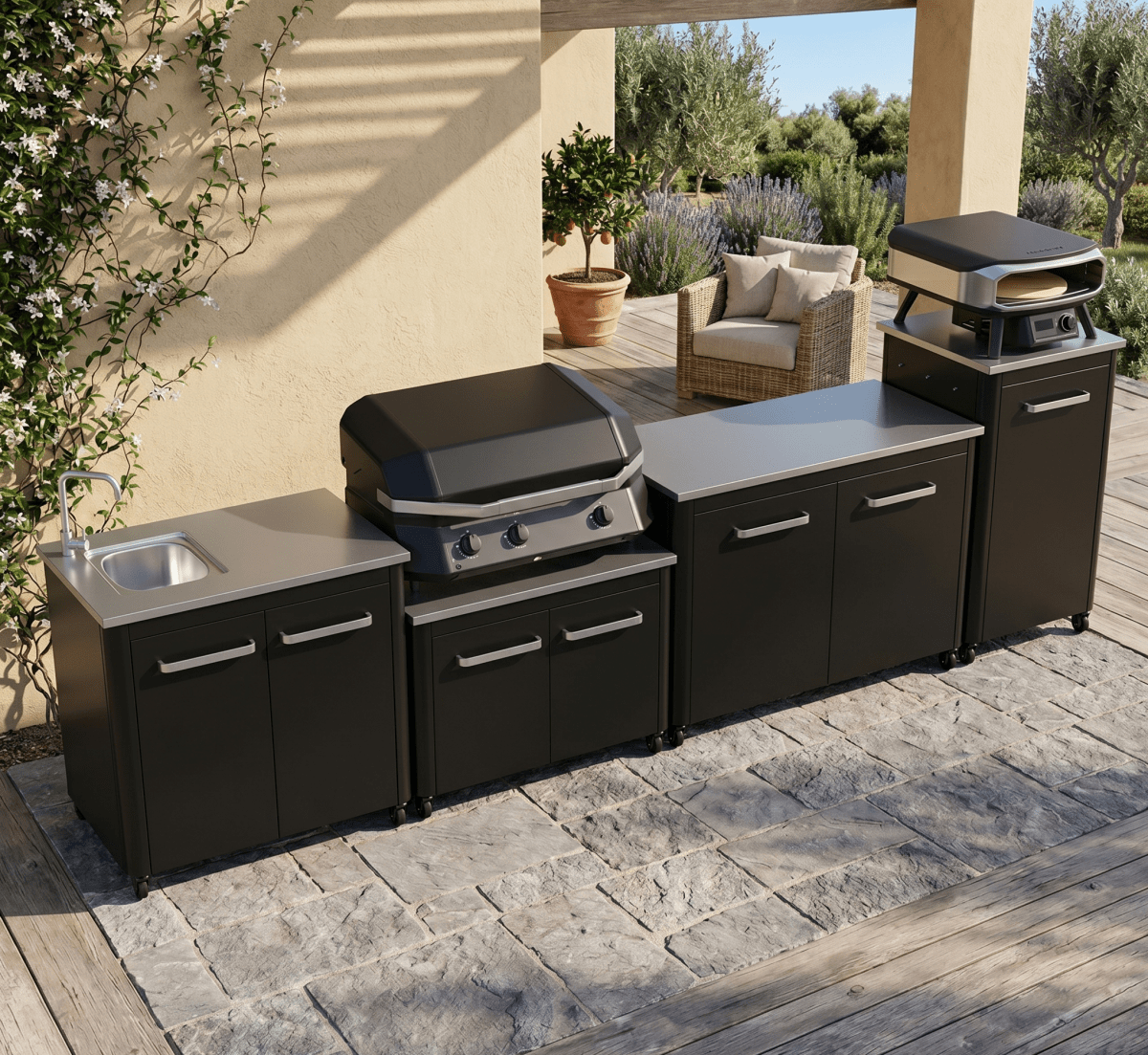 Cozze® Elements Modular Outdoor Kitchen - Gas Grill, Storage and Sink with Optional Pizza Oven in Black