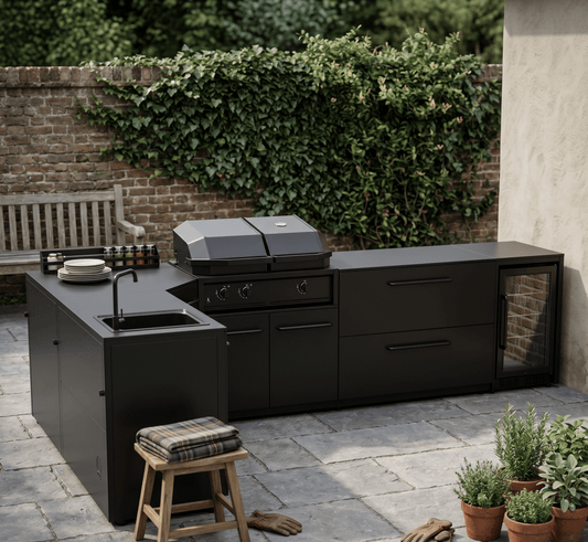 Cozze Elements Modular Outdoor Kitchen - L Shape with Grill, Storage, Fridge and Sink with pizza oven and black Quattro 900.