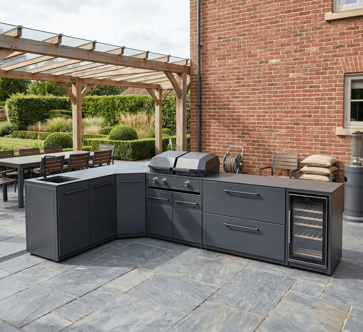 Cozze Elements Modular Outdoor Kitchen - L Shape with Grill, Storage, Fridge and Sink with pizza oven and black Quattro 900.