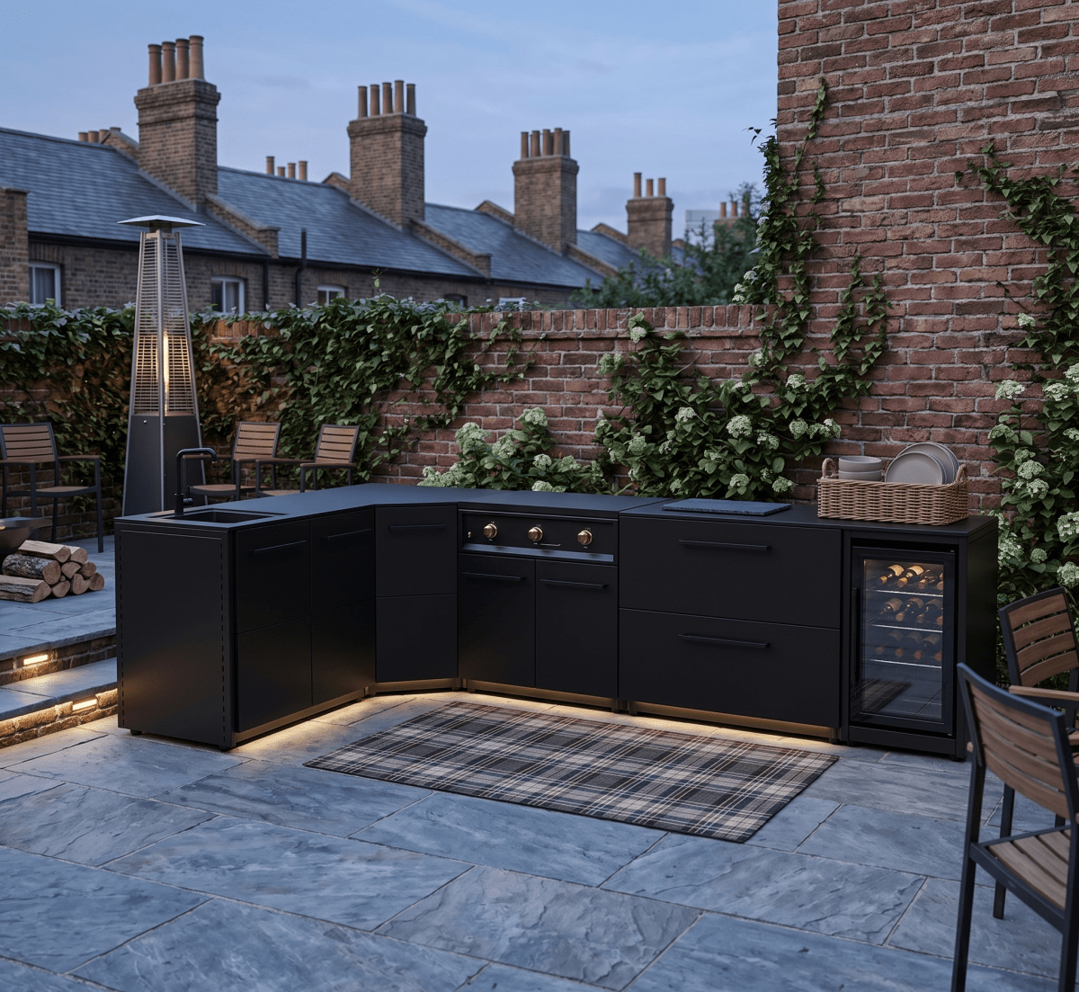 Cozze Elements Modular Outdoor Kitchen - L Shape with Grill, Storage, Fridge and Sink with pizza oven and black Quattro 900.