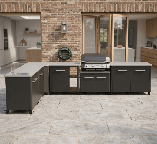 Cozze® Elements Modular Outdoor Kitchen - L Shaped, Gas Grill, Sink, Storage and Optional Pizza Oven in Black