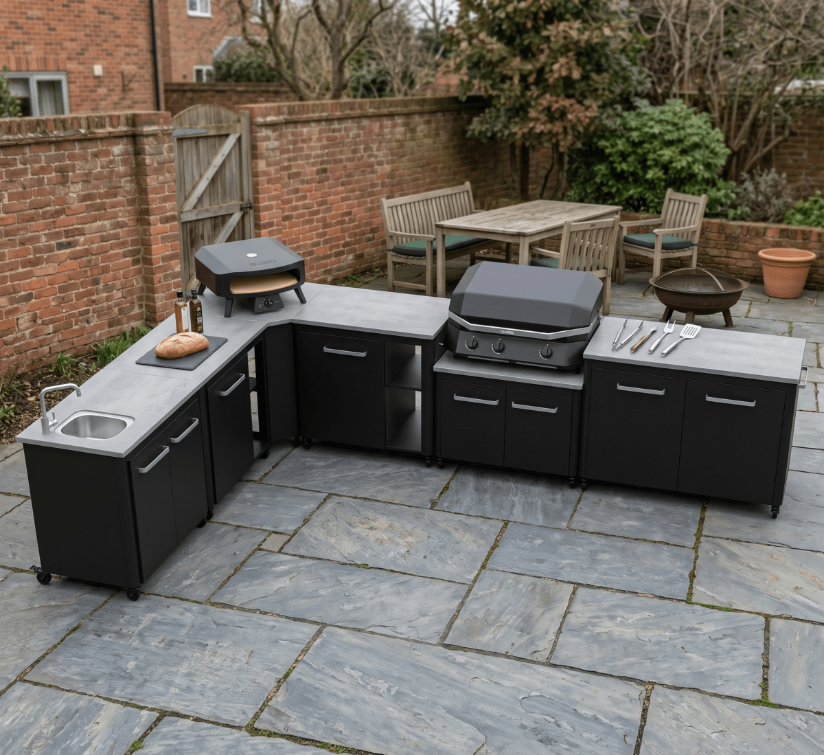 Cozze® Elements Modular Outdoor Kitchen - L Shaped, Gas Grill, Sink, Storage and Optional Pizza Oven in Black
