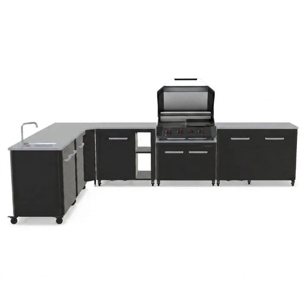 Cozze® Elements Modular Outdoor Kitchen - L Shaped, Gas Grill, Sink, Storage and Optional Pizza Oven in Black