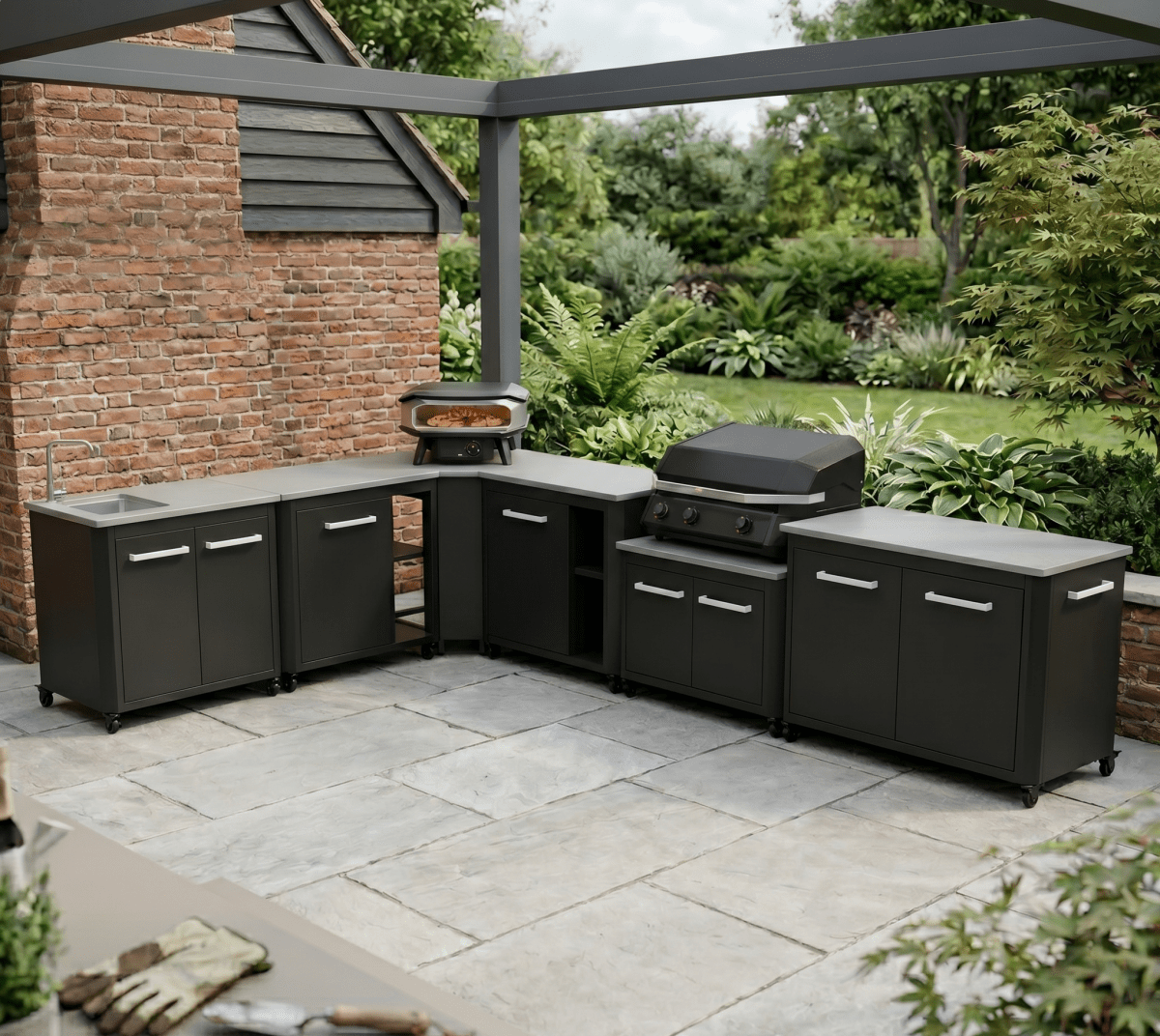 Cozze® Elements Modular Outdoor Kitchen - L Shaped, Gas Grill, Sink, Storage and Optional Pizza Oven in Black