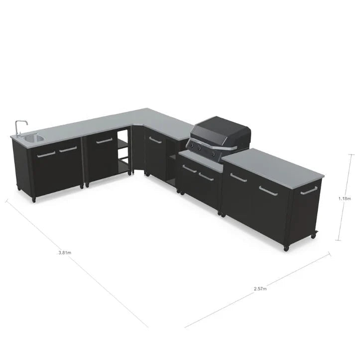Cozze® Elements Modular Outdoor Kitchen - L Shaped, Gas Grill, Sink, Storage and Optional Pizza Oven in Black
