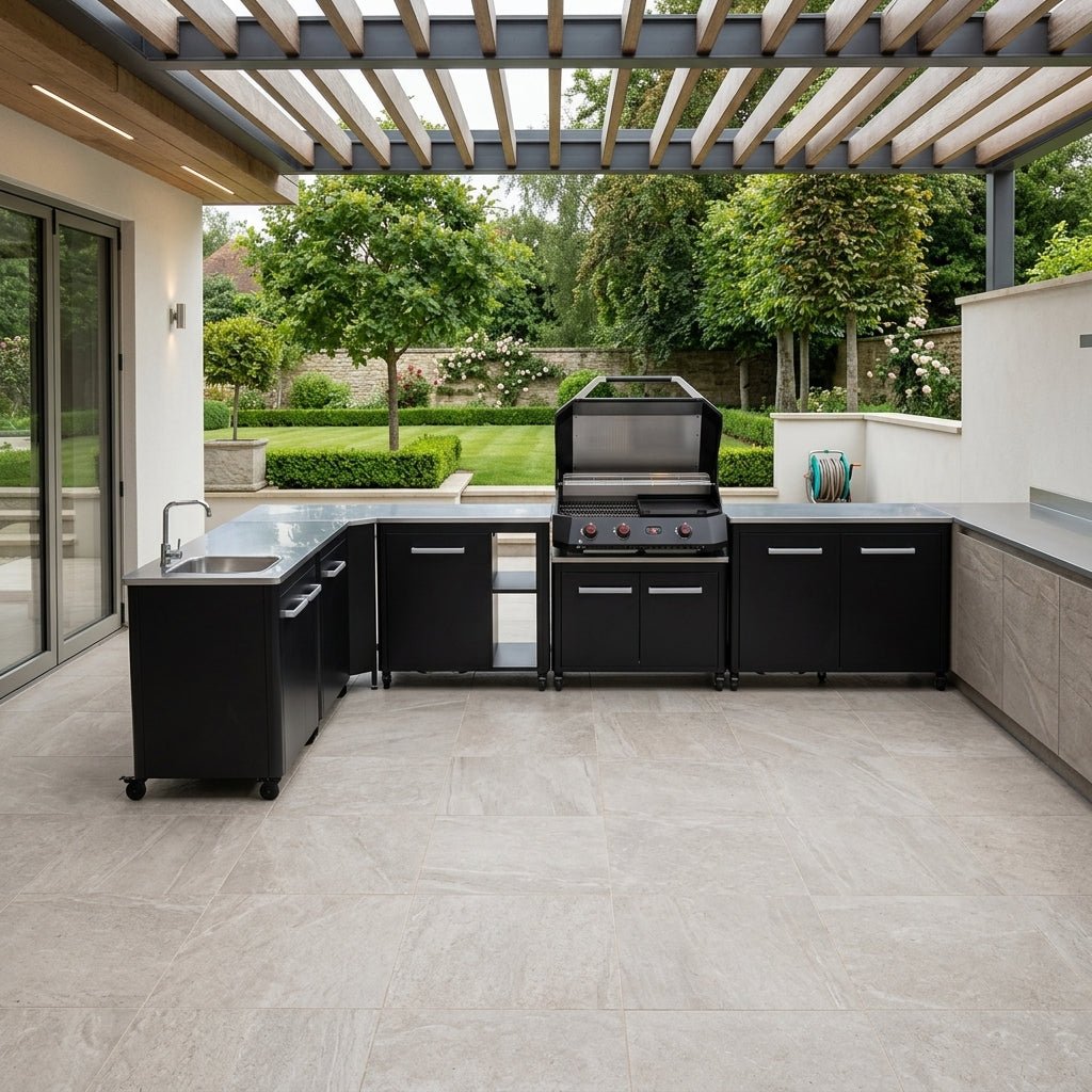 Cozze® Elements Modular Outdoor Kitchen - L Shaped, Gas Grill, Sink, Storage and Optional Pizza Oven in Black