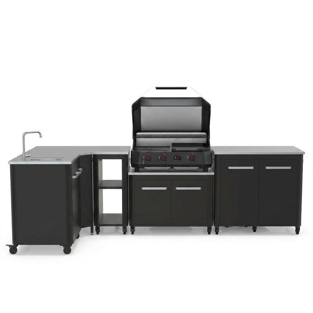 Cozze® Elements Modular Outdoor Kitchen - L Shaped with Gas Grill, Sink, Storage and Optional Pizza Oven in Black