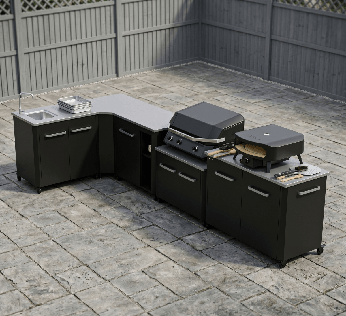 Cozze® Elements Modular Outdoor Kitchen - L Shaped with Gas Grill, Sink, Storage and Optional Pizza Oven in Black