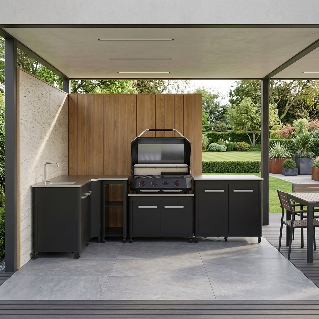 Cozze® Elements Modular Outdoor Kitchen - L Shaped with Gas Grill, Sink, Storage and Optional Pizza Oven in Black