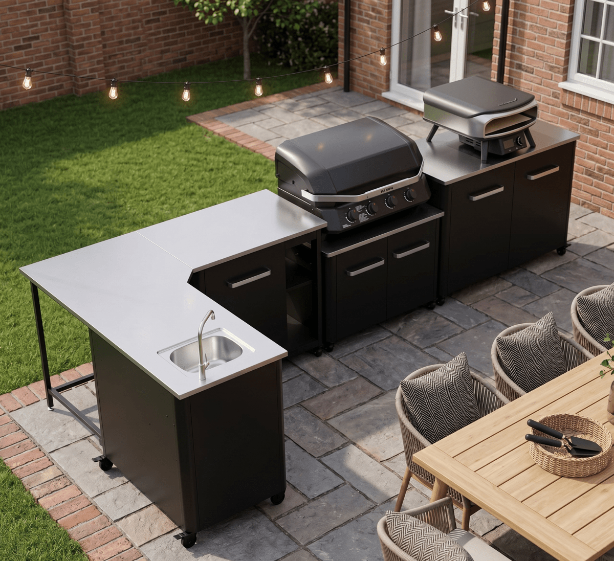 Cozze® Elements Modular Outdoor Kitchen - L Shaped with Gas Grill, Sink, Storage and Optional Pizza Oven in Black