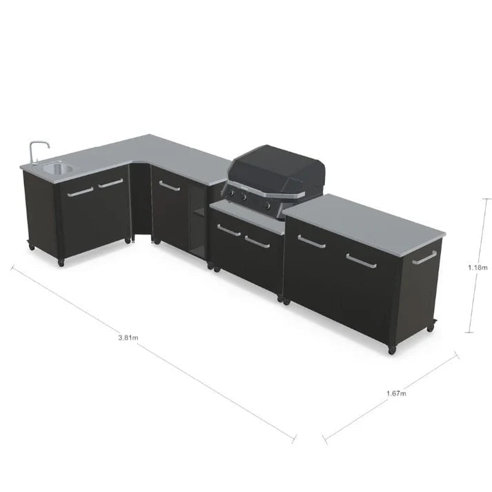 Cozze® Elements Modular Outdoor Kitchen - L Shaped with Gas Grill, Sink, Storage and Optional Pizza Oven in Black