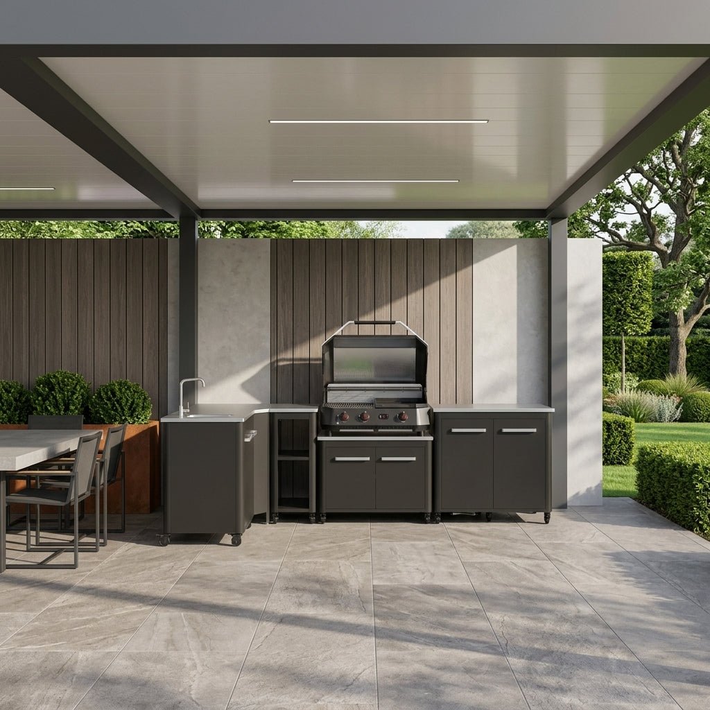 Cozze® Elements Modular Outdoor Kitchen - L Shaped with Gas Grill, Sink, Storage and Optional Pizza Oven in Black