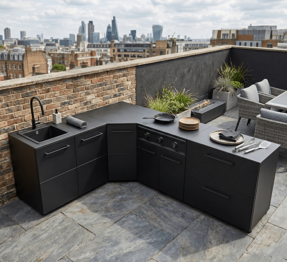 Cozze® Elements Modular Outdoor Kitchen - L Shaped with Grill, Storage and Sink in Black