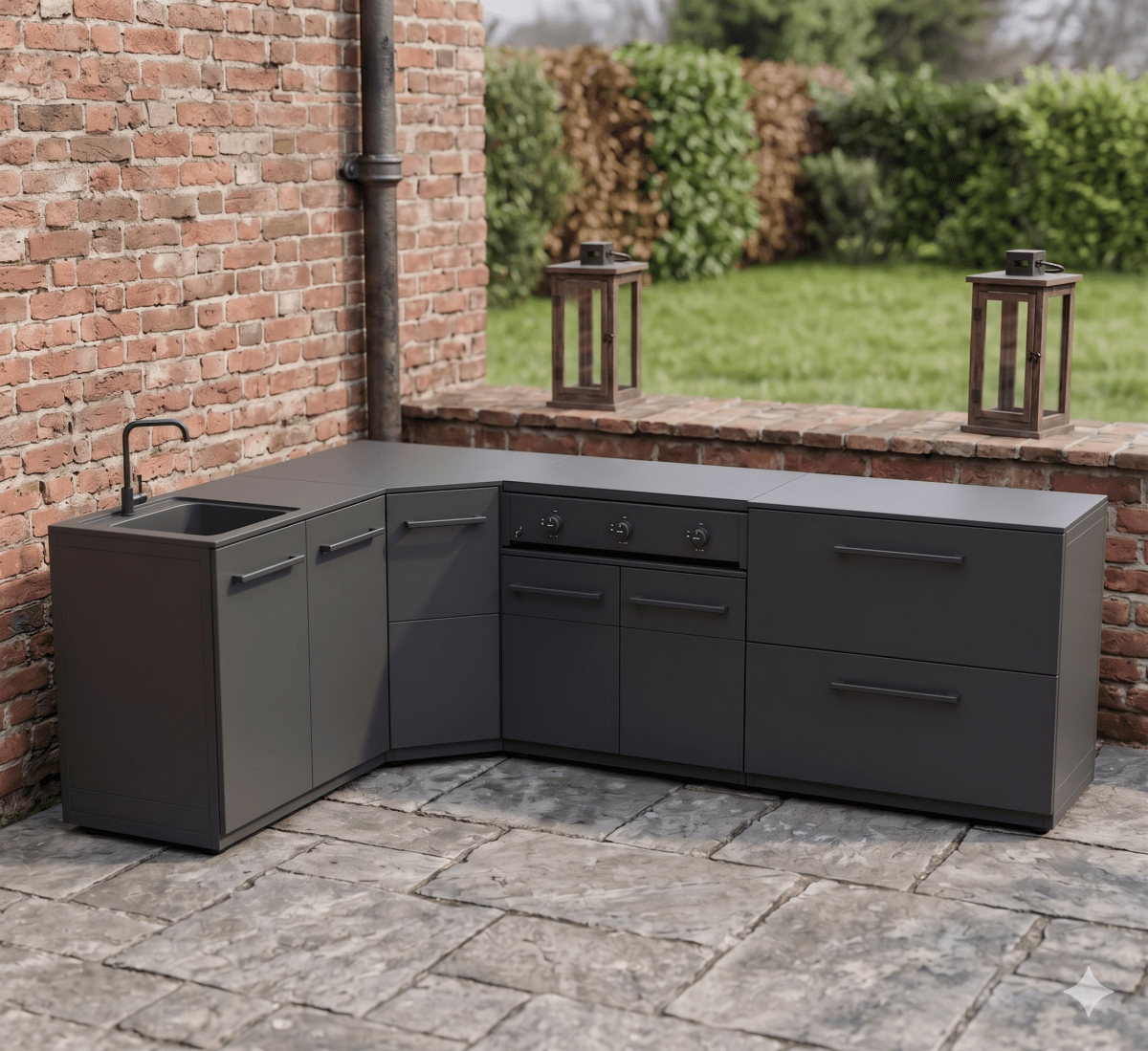 Cozze® Elements Modular Outdoor Kitchen - L Shaped with Grill, Storage and Sink in Black