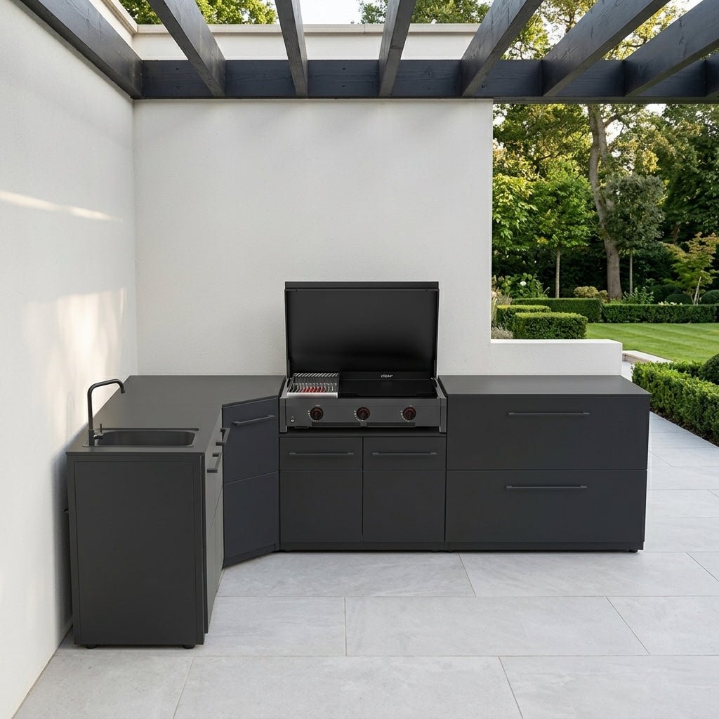 Cozze® Elements Modular Outdoor Kitchen - L Shaped with Grill, Storage and Sink in Black