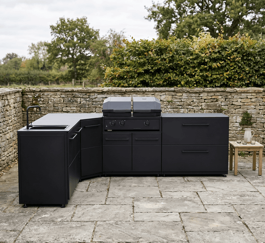 Cozze® Elements Modular Outdoor Kitchen - L Shaped with Grill, Storage and Sink in Black