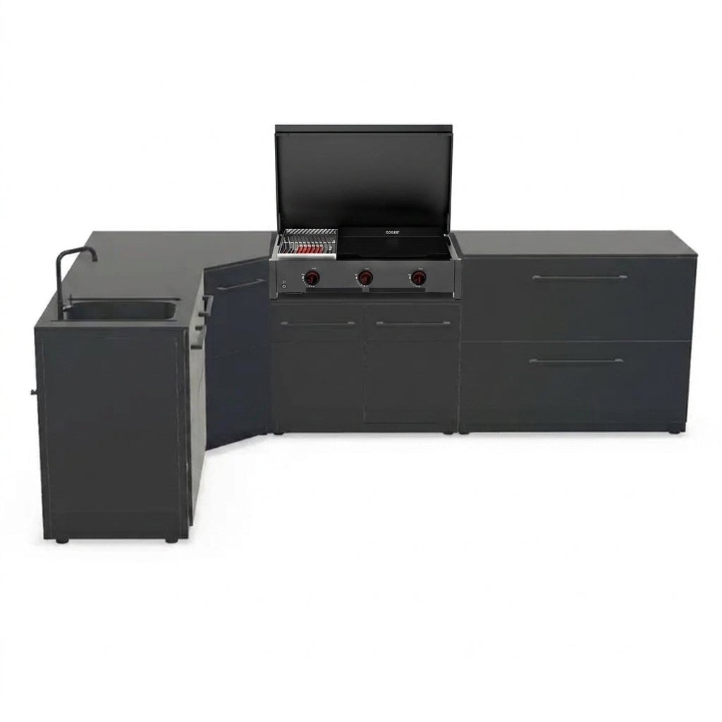 Cozze® Elements Modular Outdoor Kitchen - L Shaped with Grill, Storage and Sink in Black