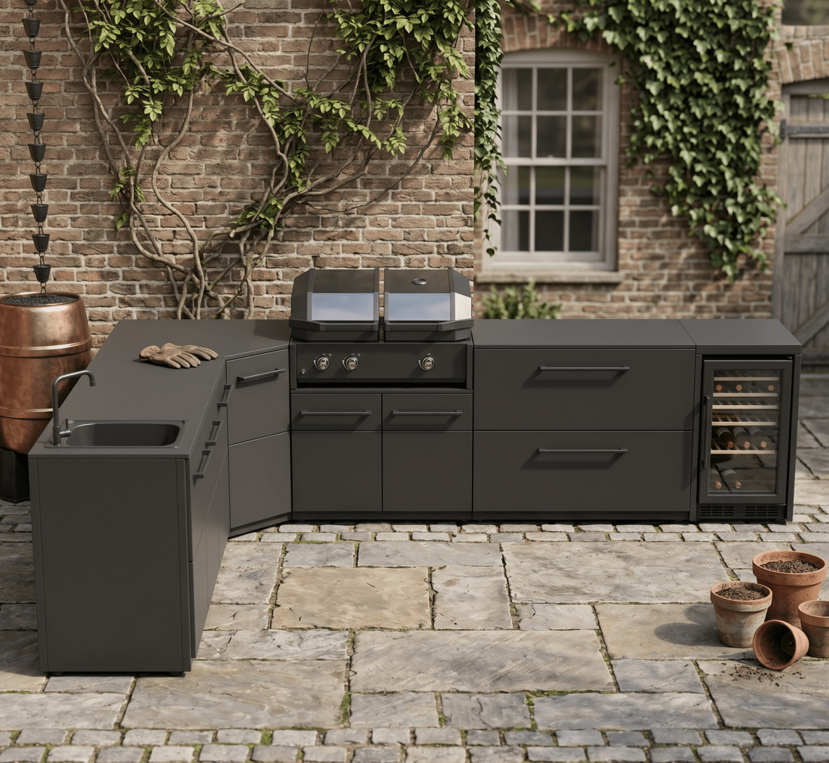 Cozze® Elements Modular Outdoor Kitchen - L Shaped with Grill, Storage, Fridge and Sink in Black