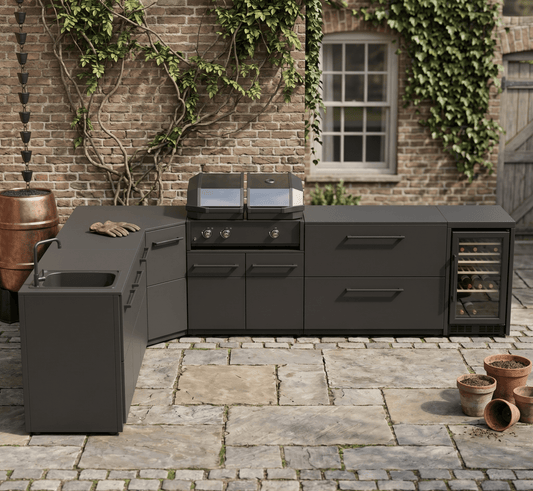 Cozze® Elements Modular Outdoor Kitchen - L Shaped with Grill, Storage, Fridge and Sink in Black