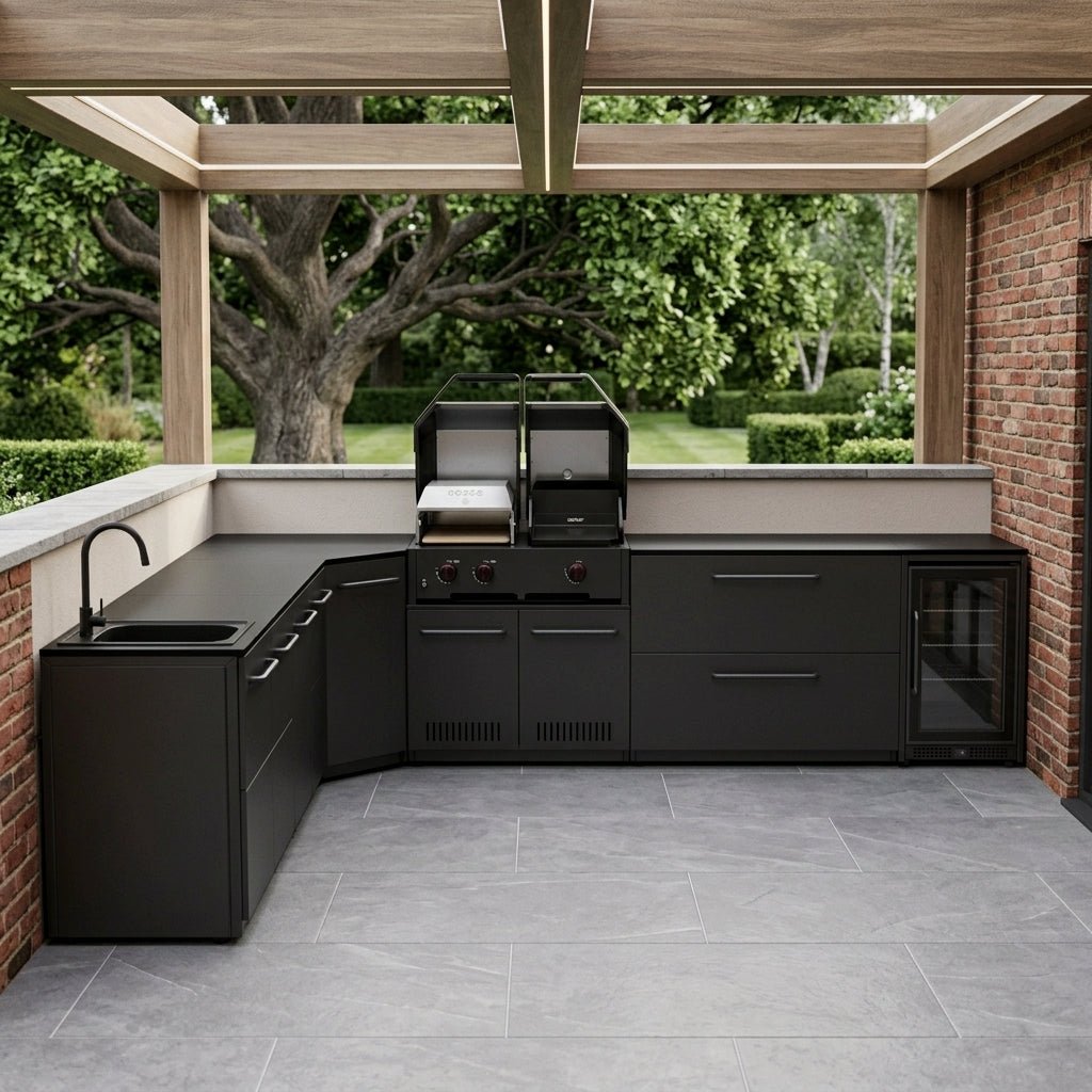 Cozze® Elements Modular Outdoor Kitchen - L Shaped with Grill, Storage, Fridge and Sink in Black
