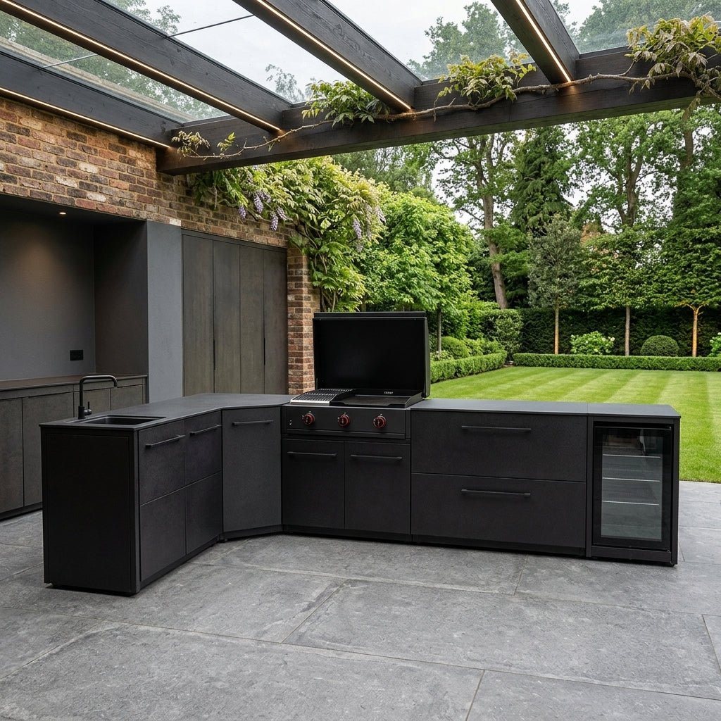 Cozze® Elements Modular Outdoor Kitchen - L Shaped with Grill, Storage, Fridge and Sink in Black