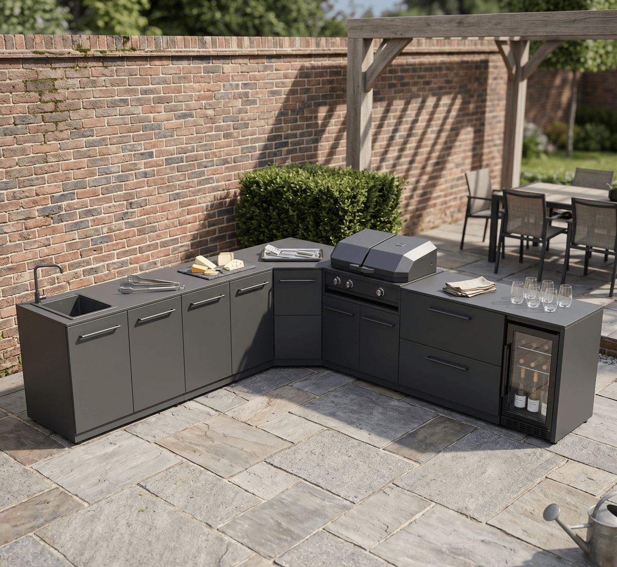 Cozze® Elements Modular Outdoor Kitchen - L Shaped with Grill, Storage, Fridge and Sink in Black
