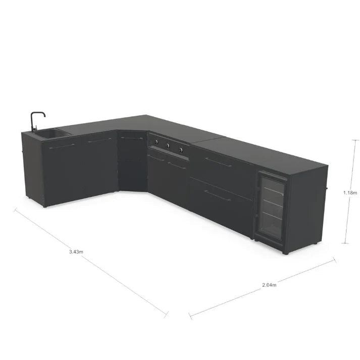 Cozze® Elements Modular Outdoor Kitchen - L Shaped with Grill, Storage, Fridge and Sink in Black