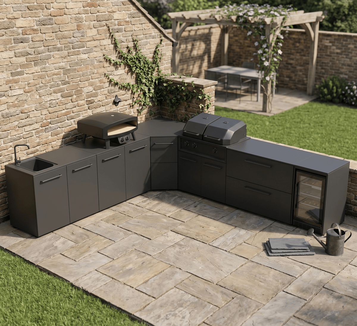 Cozze® Elements Modular Outdoor Kitchen - L Shaped with Grill, Storage, Fridge and Sink in Black