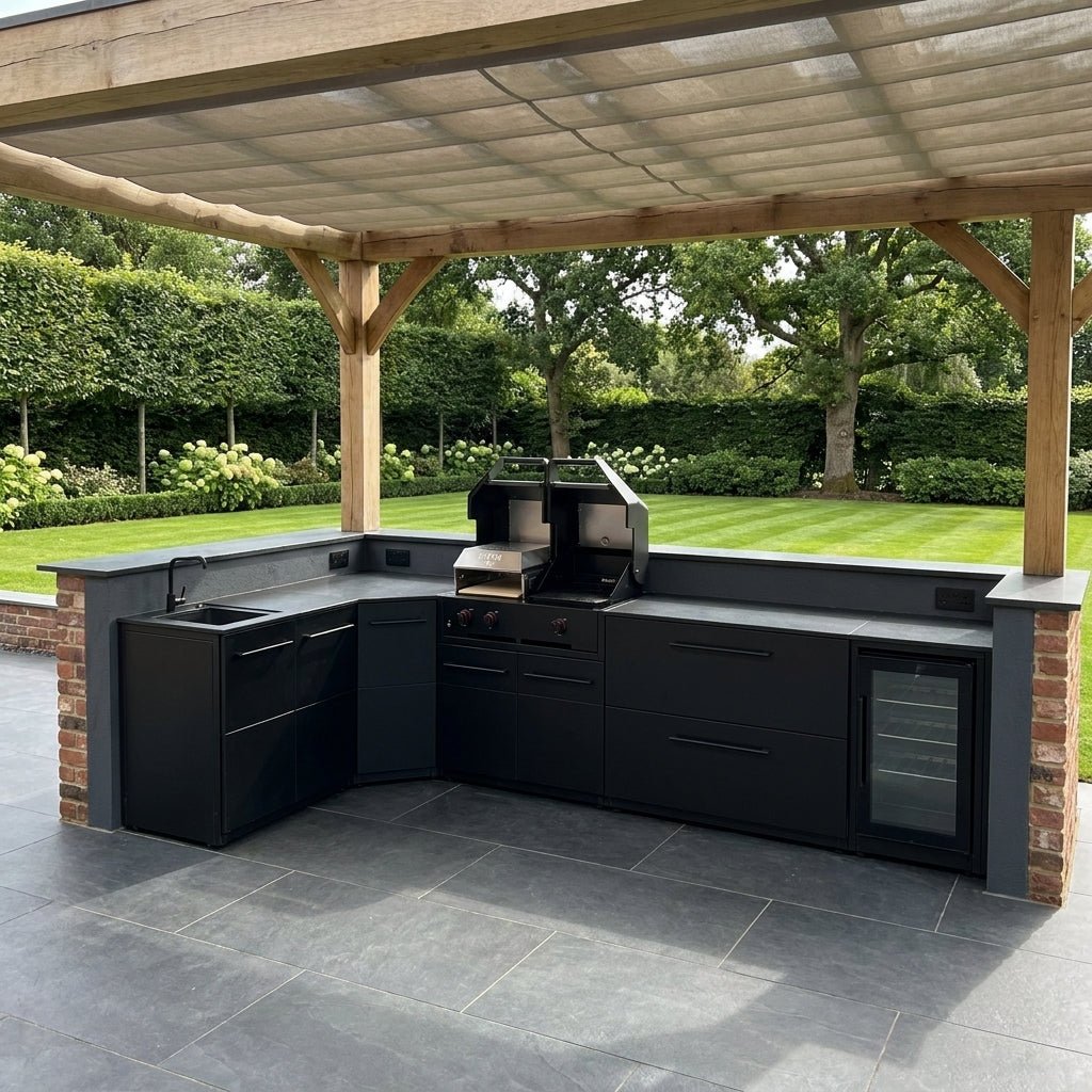 Cozze® Elements Modular Outdoor Kitchen - L Shaped with Grill, Storage, Fridge and Sink in Black