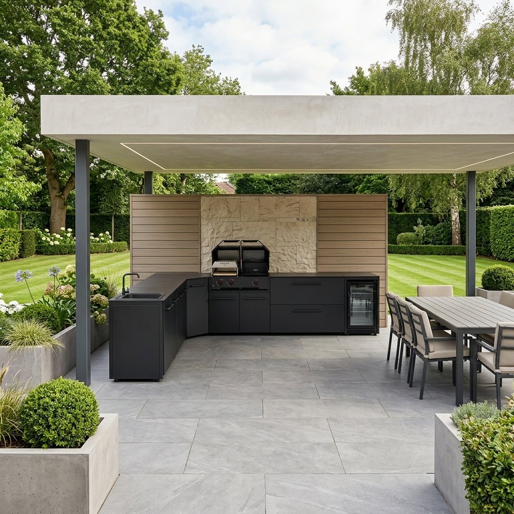 Cozze® Elements Modular Outdoor Kitchen - L Shaped with Grill, Storage, Fridge and Sink in Black