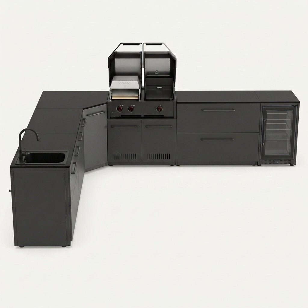 Cozze® Elements Modular Outdoor Kitchen - L Shaped with Grill, Storage, Fridge and Sink in Black