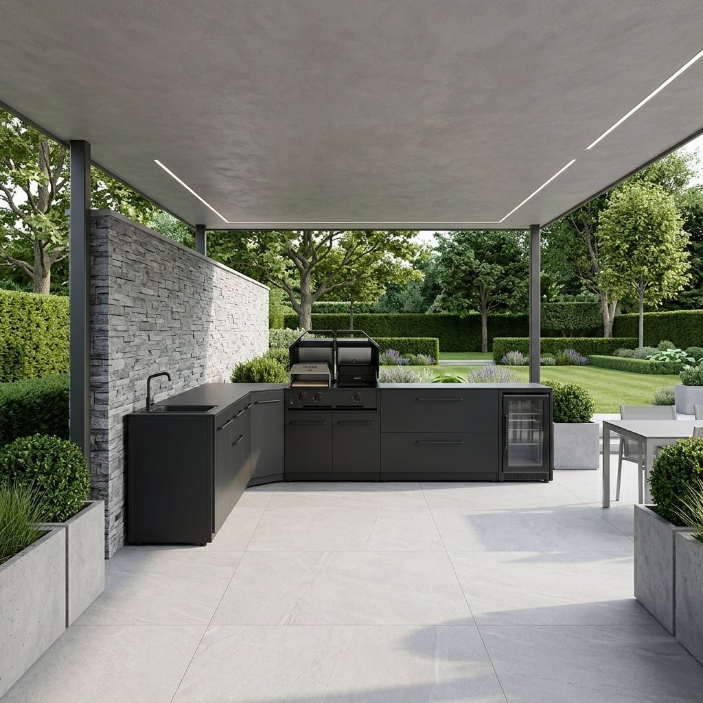 Cozze® Elements Modular Outdoor Kitchen - L Shaped with Grill, Storage, Fridge and Sink in Black