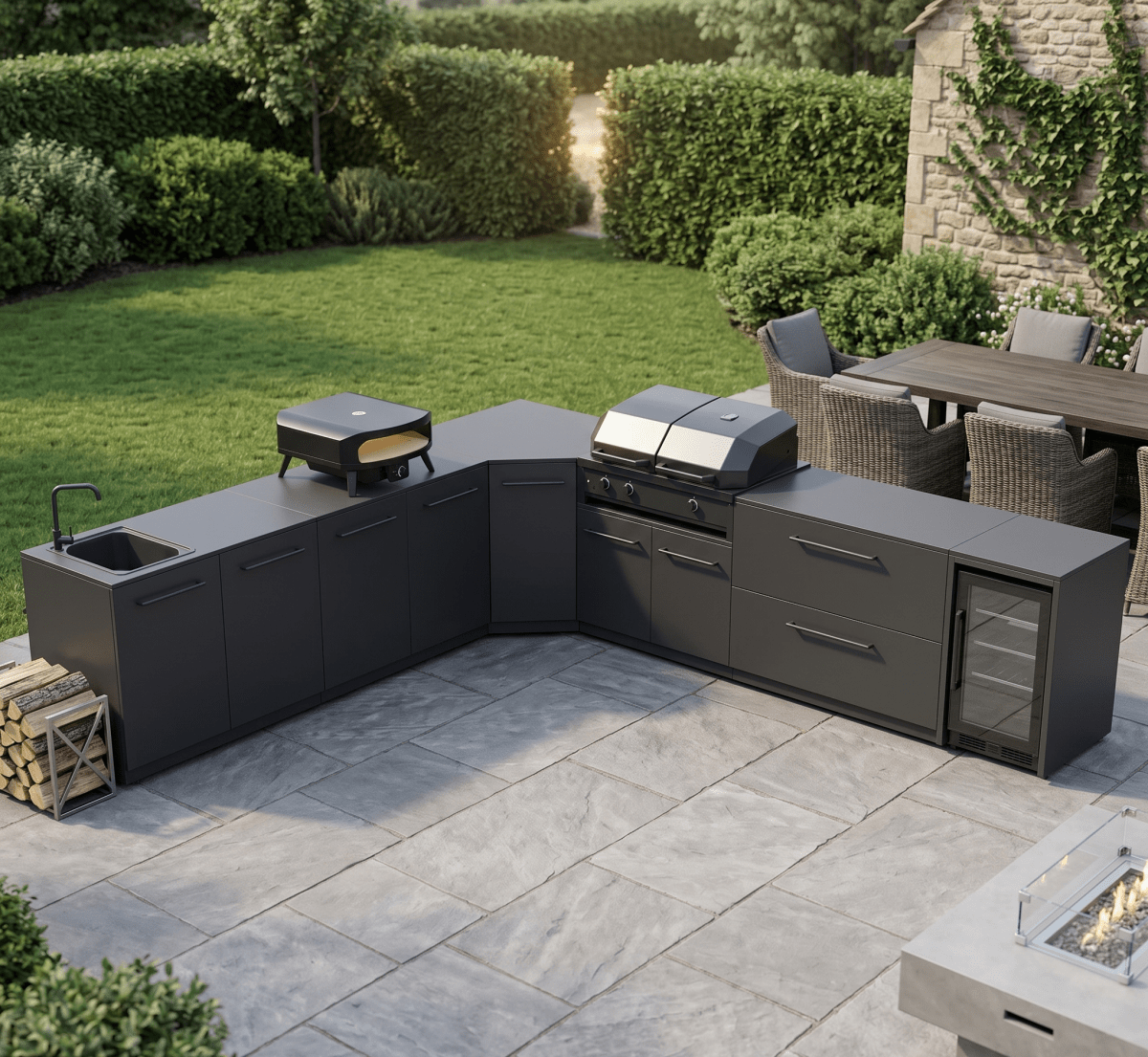 Cozze® Elements Modular Outdoor Kitchen - L Shaped with Grill, Storage, Fridge and Sink in Black
