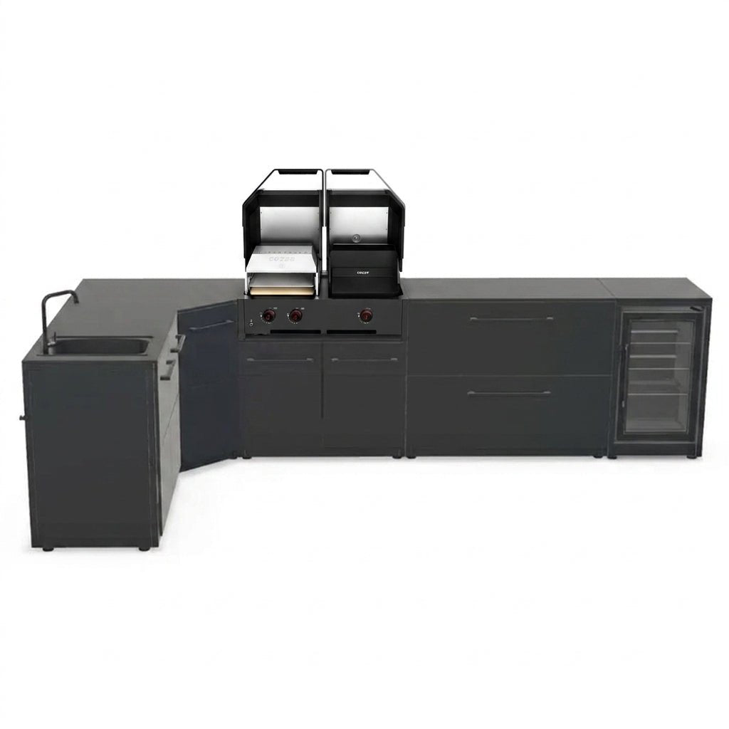 Cozze® Elements Modular Outdoor Kitchen - L Shaped with Grill, Storage, Fridge and Sink in Black