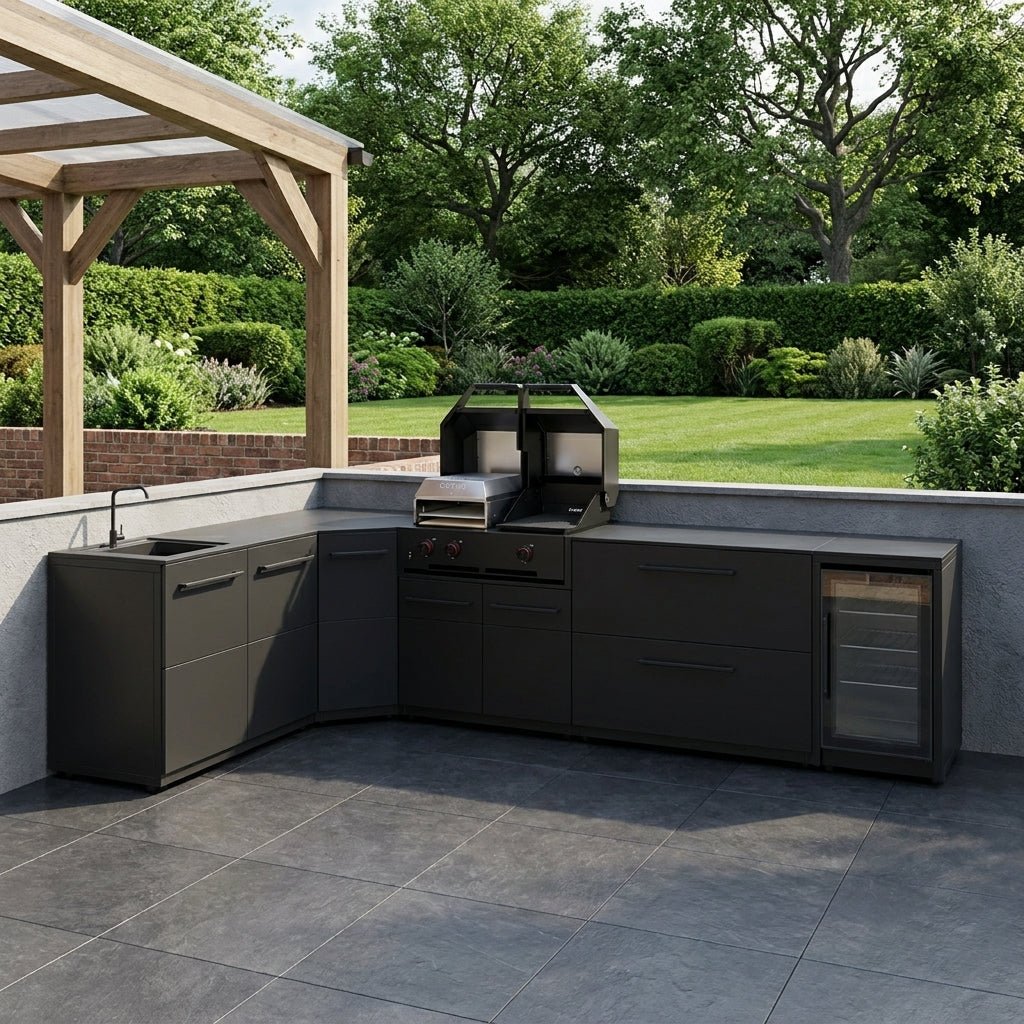 Cozze® Elements Modular Outdoor Kitchen - L Shaped with Grill, Storage, Fridge and Sink in Black