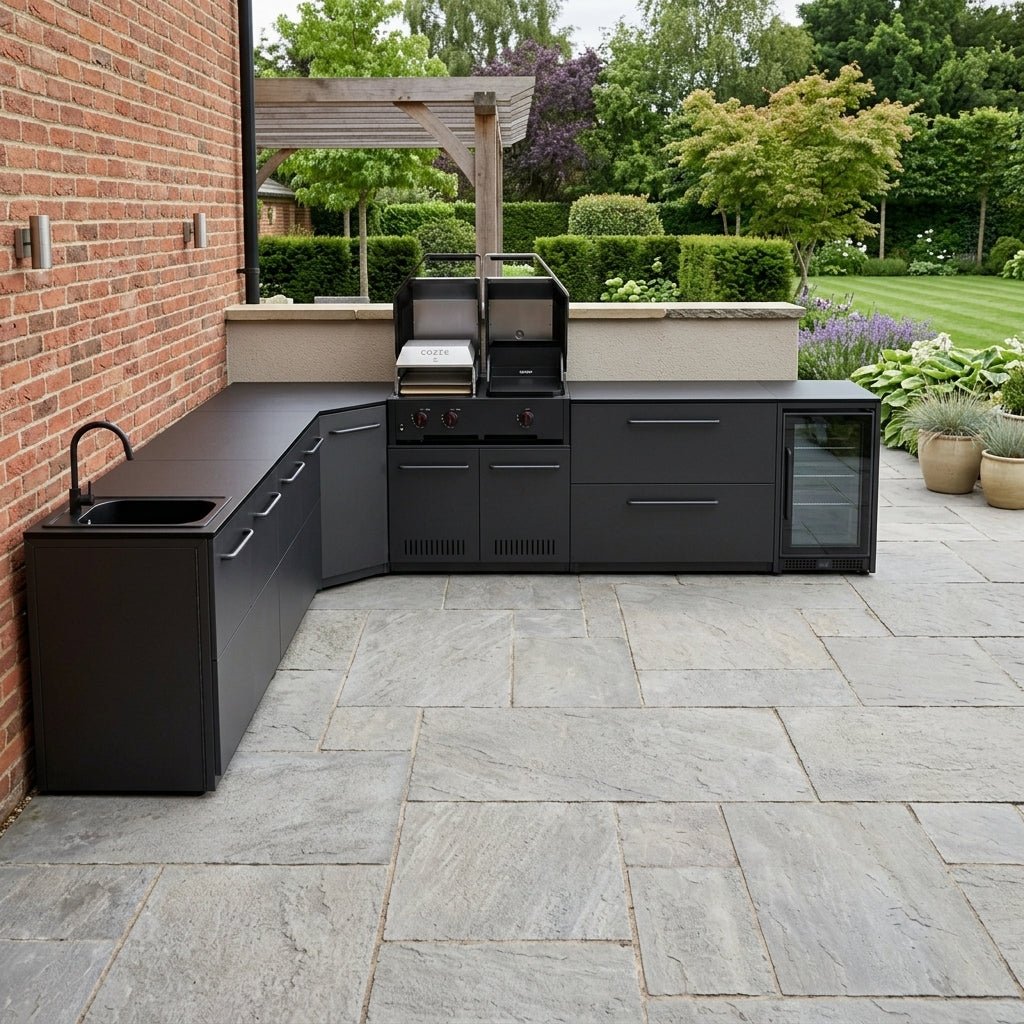 Cozze® Elements Modular Outdoor Kitchen - L Shaped with Grill, Storage, Fridge and Sink in Black