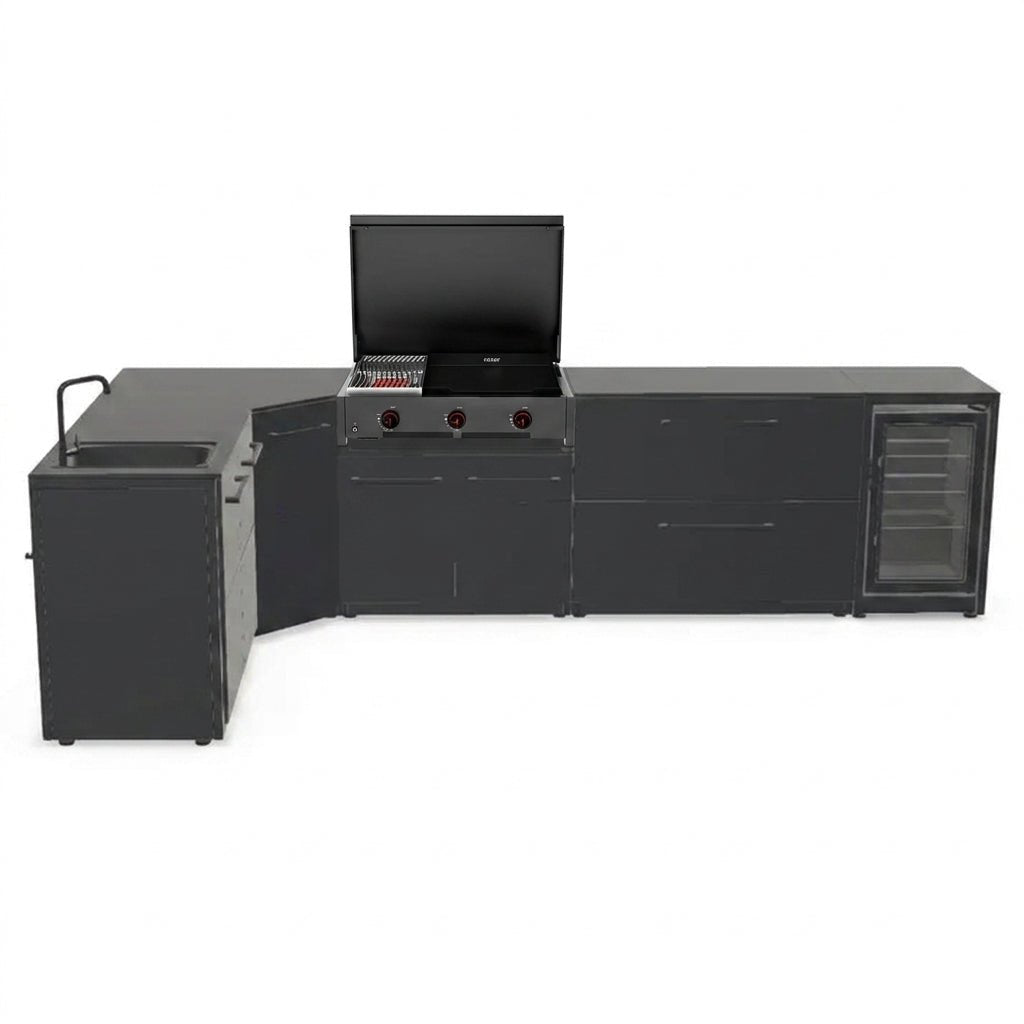 Cozze® Elements Modular Outdoor Kitchen - L Shaped with Grill, Storage, Fridge and Sink in Black