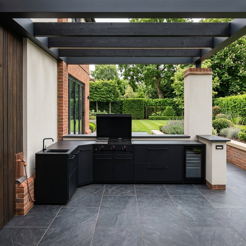 Cozze® Elements Modular Outdoor Kitchen - L Shaped with Grill, Storage, Fridge and Sink in Black