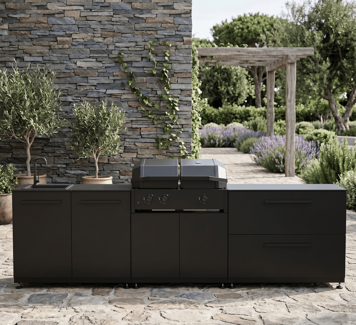 Cozze® Elements Modular Outdoor Kitchen with Gas Grill, Storage and Sink in Black