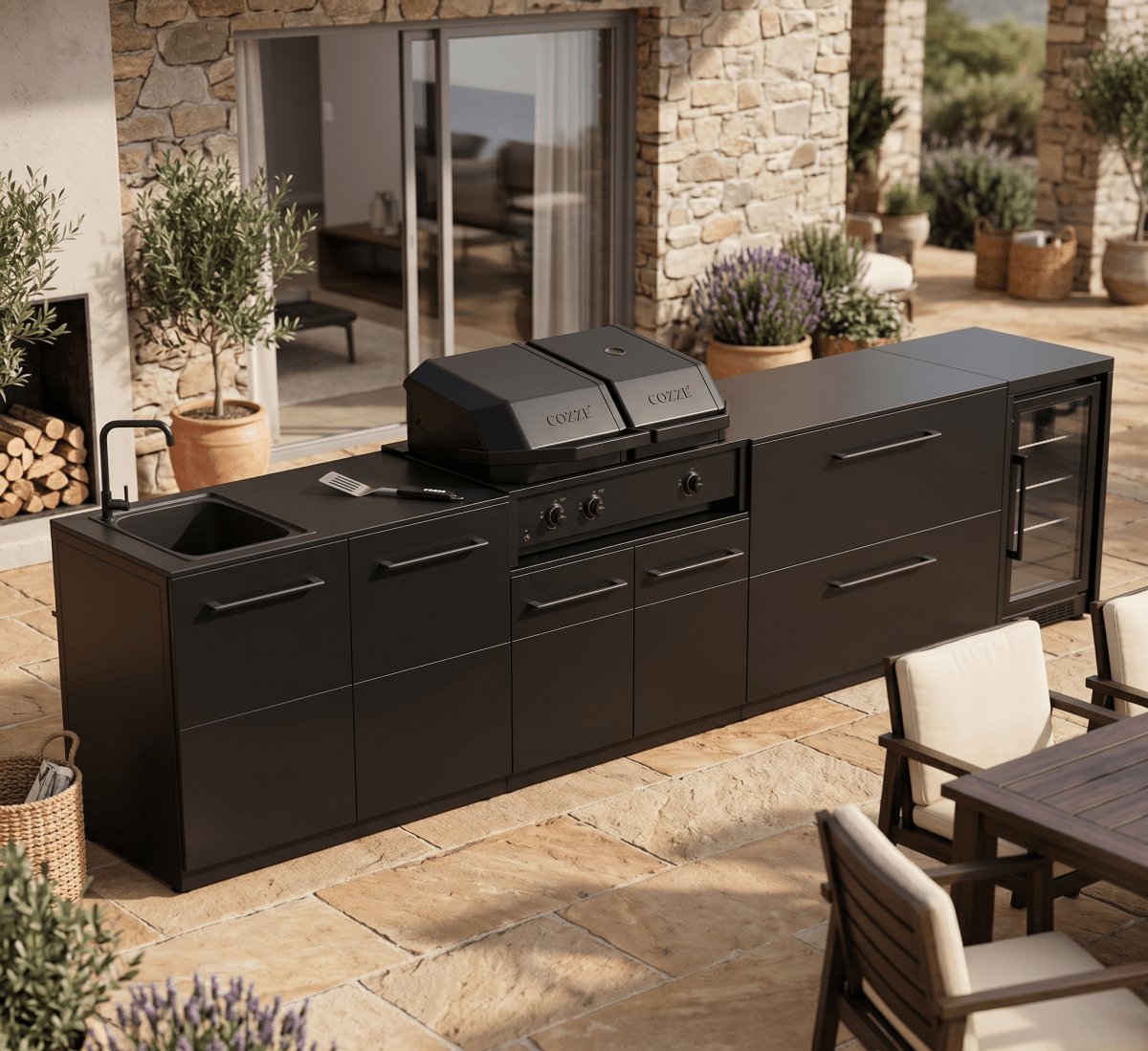 Cozze® Elements Modular Outdoor Kitchen with Gas Grill, Storage, Fridge and Sink in Black